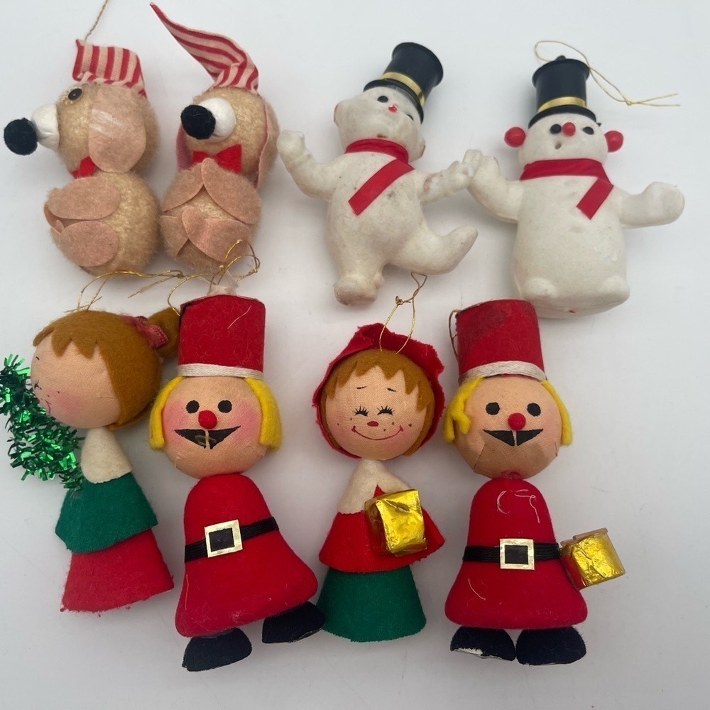 Vintage Lot of Eight Christmas Ornaments || Snowmen-Dogs-Drummers-Carollers